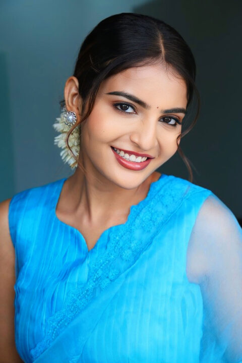 Ananya Nagalla Transparent Blue Saree Look at Srikakulam Sherlockholmes Interview