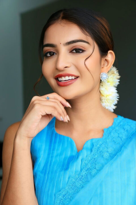 Ananya Nagalla Stuns in Blue Organza Saree at Srikakulam Sherlockholmes Interview