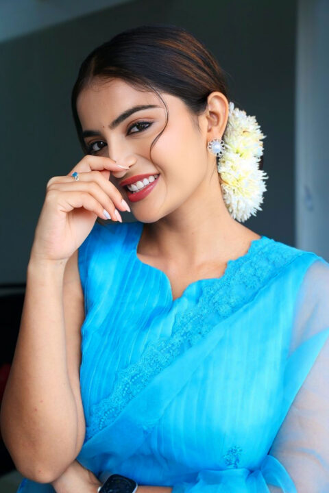 Ananya Nagalla Flaunts Blue Organza Saree at Srikakulam Sherlockholmes Interview