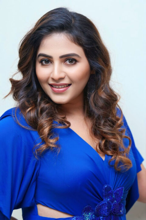 Anjali in Blue Draped Power Shoulder Gown for Game Changer Movie Interview