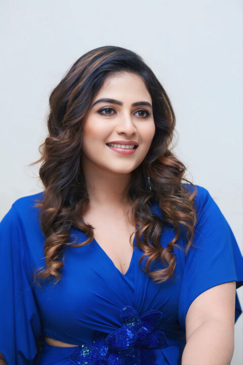 Anjali Stuns in Blue Draped Gown at Game Changer Interview