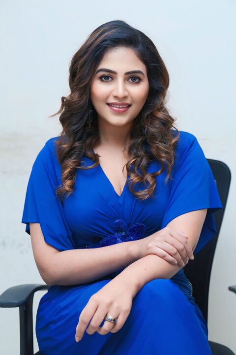 Anjali in Blue Power Shoulder Gown for Game Changer Interview