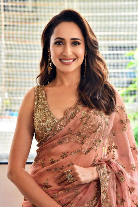 Pragya Jaiswal Stuns in Peach Net Saree at Daaku Maharaj Success Meet