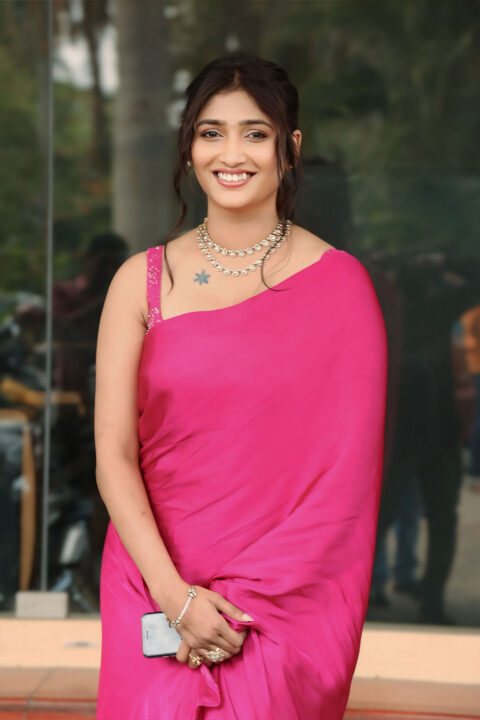 Priya Vadlamani in Elegant Pink Satin Saree at Brahma Anandam Teaser Launch