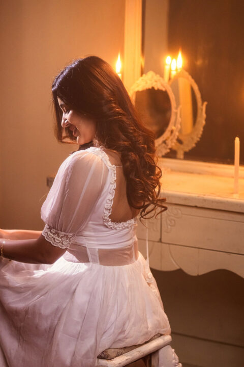 Anju Kurian in White Lace Ruffled Victorian Dress for Photoshoot