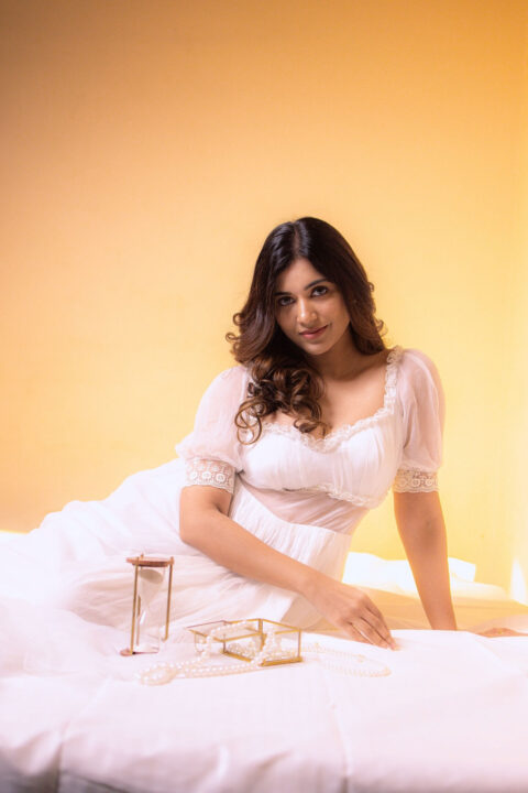 Anju Kurian in Gorgeous White Lace Ruffled Victorian Wedding Dress