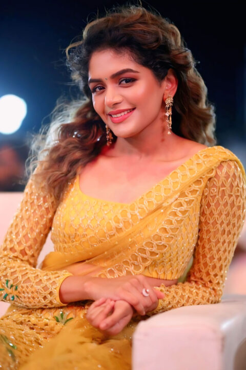 Aditi Shankar in graceful yellow look at Bhairavam trailer launch
