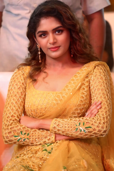 Aditi Shankar in traditional flair at Bhairavam launch event