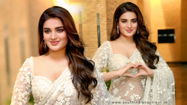 Nidhhi Agerwal in stunning floral saree at Hari Hara Veera Mallu song release