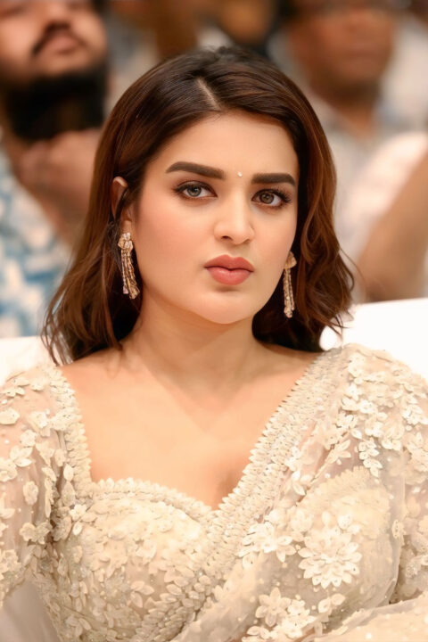 Nidhhi Agerwal stuns in ivory white for Veera Mallu launch event