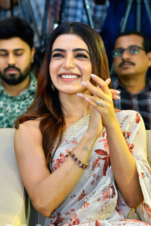 Samantha looks elegant in floral saree at Subham movie success meet