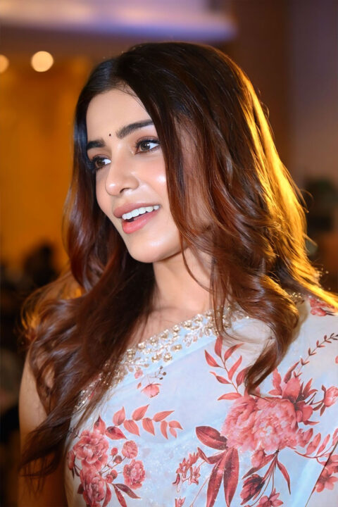 Samantha dazzles in pastel floral drape at Subham success celebrations