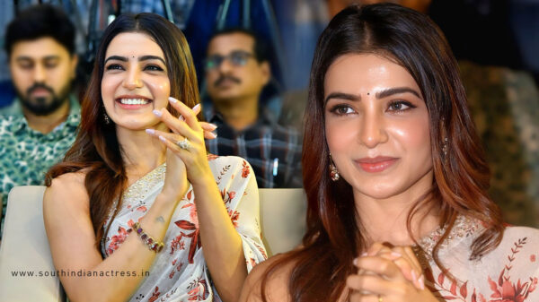 Samantha looks radiant at Subham success event in floral printed saree