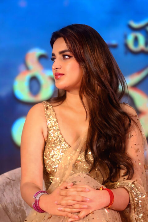 Nidhhi Agerwal in Gold Pre-Draped Saree for Hari Hara Veera Mallu