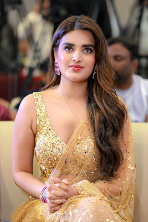 Nidhhi Agerwal Captivates in Gold Saree at Movie Success Event