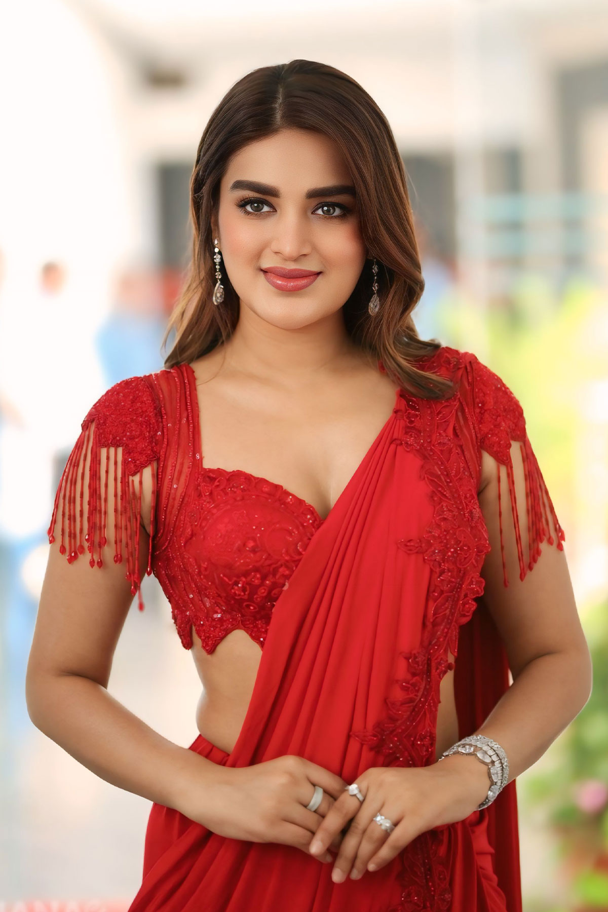Nidhhi Agerwal’s Scarlet Red Saree for Hari Hara Veera Mallu