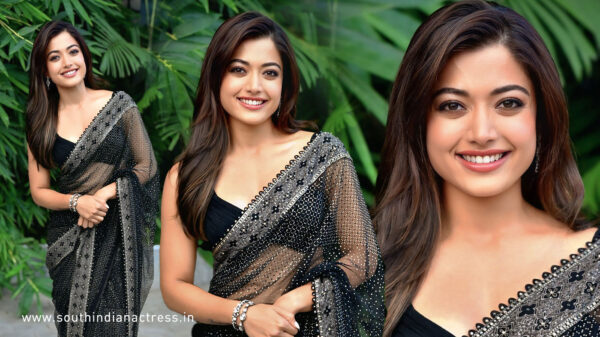 Rashmika Mandanna in Slinky Black Saree for Thamma Promotions.