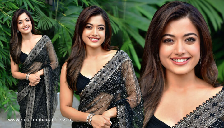 Rashmika Mandanna in Slinky Black Saree for Thamma Promotions.