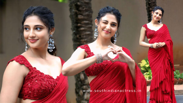 Ritika Nayak in Red Ruffle Saree at Mirai Success Meet