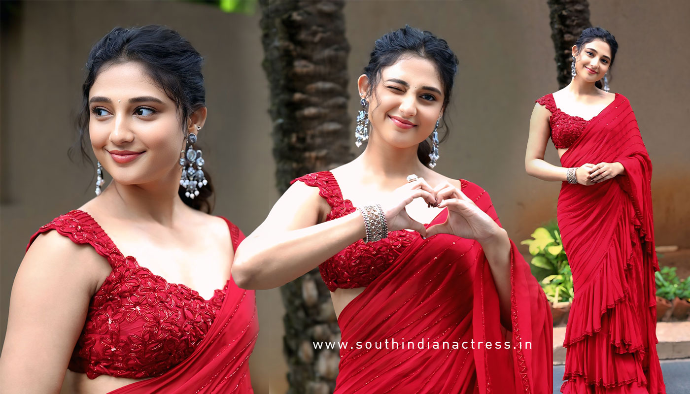 Ritika Nayak in Red Ruffle Saree at Mirai Success Meet