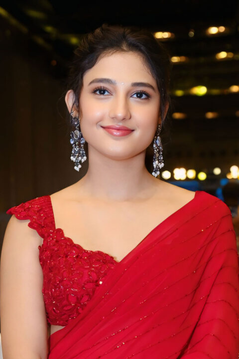 Ritika Nayak Stunning Stills in a Red Ruffle Saree for Mirai