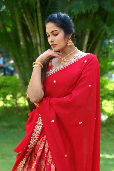 Divi Vadthya Vibrant Red Saree for Napoleon Returns Promotions