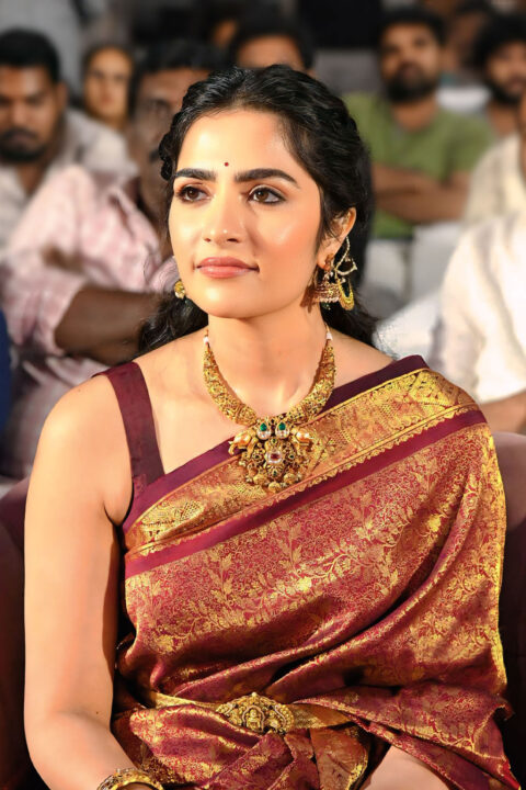 Rukmini Vasanth Golden-Embellished Saree for Kantara Chapter 1 Promotions