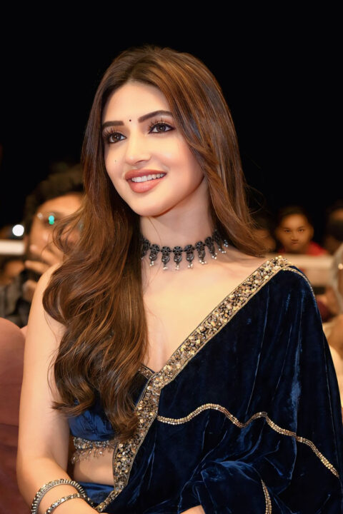 Sreeleela Exudes Regal Glamour in Peacock Blue Velvet Sharara