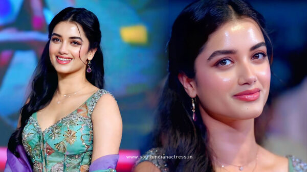 Bhagyashri Borse in Whimsical Teal & Lavender Lehenga for Andhra King Taluka movie Launch