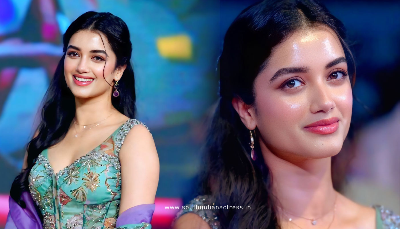 Bhagyashri Borse in Whimsical Teal & Lavender Lehenga for Andhra King Taluka movie Launch