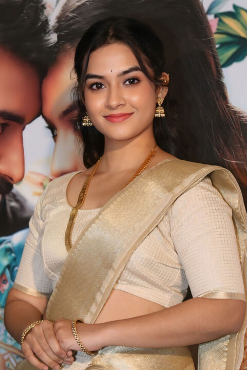 Sahithi Avancha in Minimalist Elegance in Cream Saree at Itlu Mee Yedava Launch