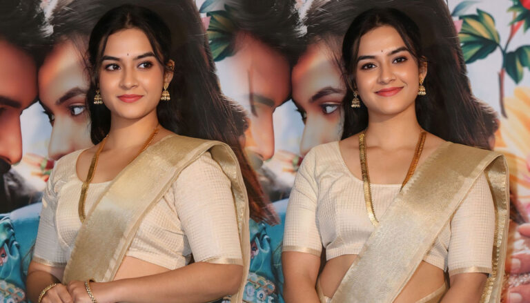 Sahithi Avancha Dazzles in Traditional Cream and Gold Saree at Itlu Mee Yedava Trailer Launch