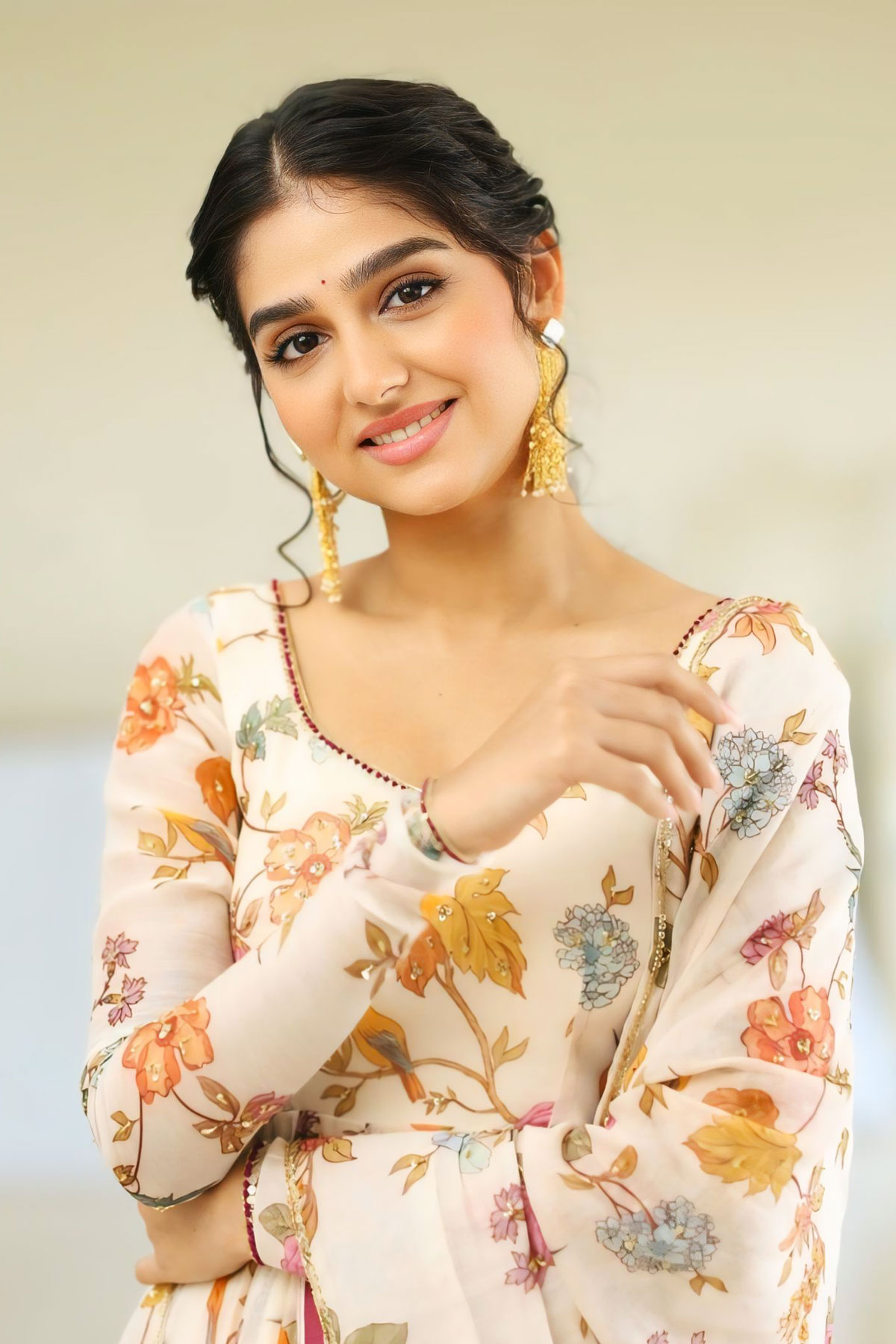 Anaswara Rajan Graceful Cream Anarkali with Maroon Piping