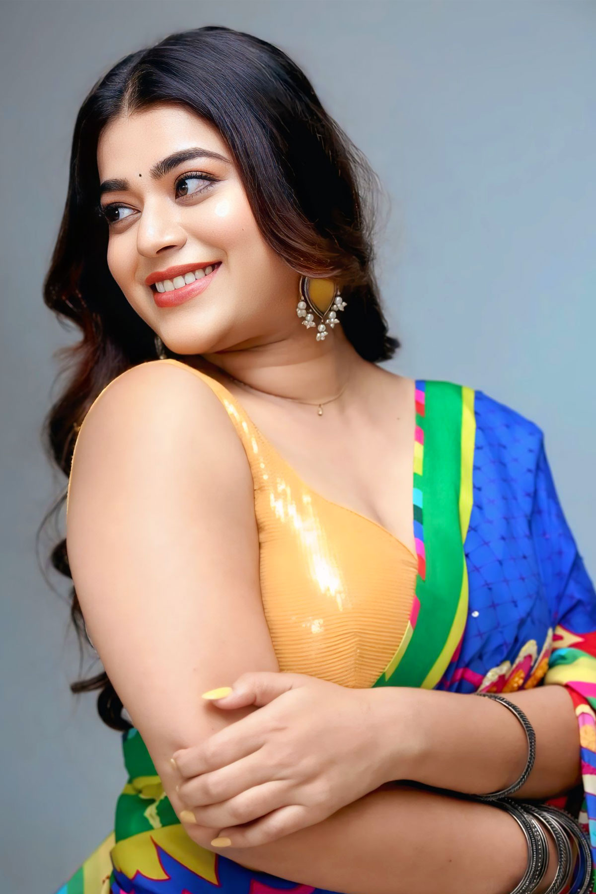 Yamini Bhaskar Pairs Bold Prints with Contrasting Yellow Moss Sequin Blouse