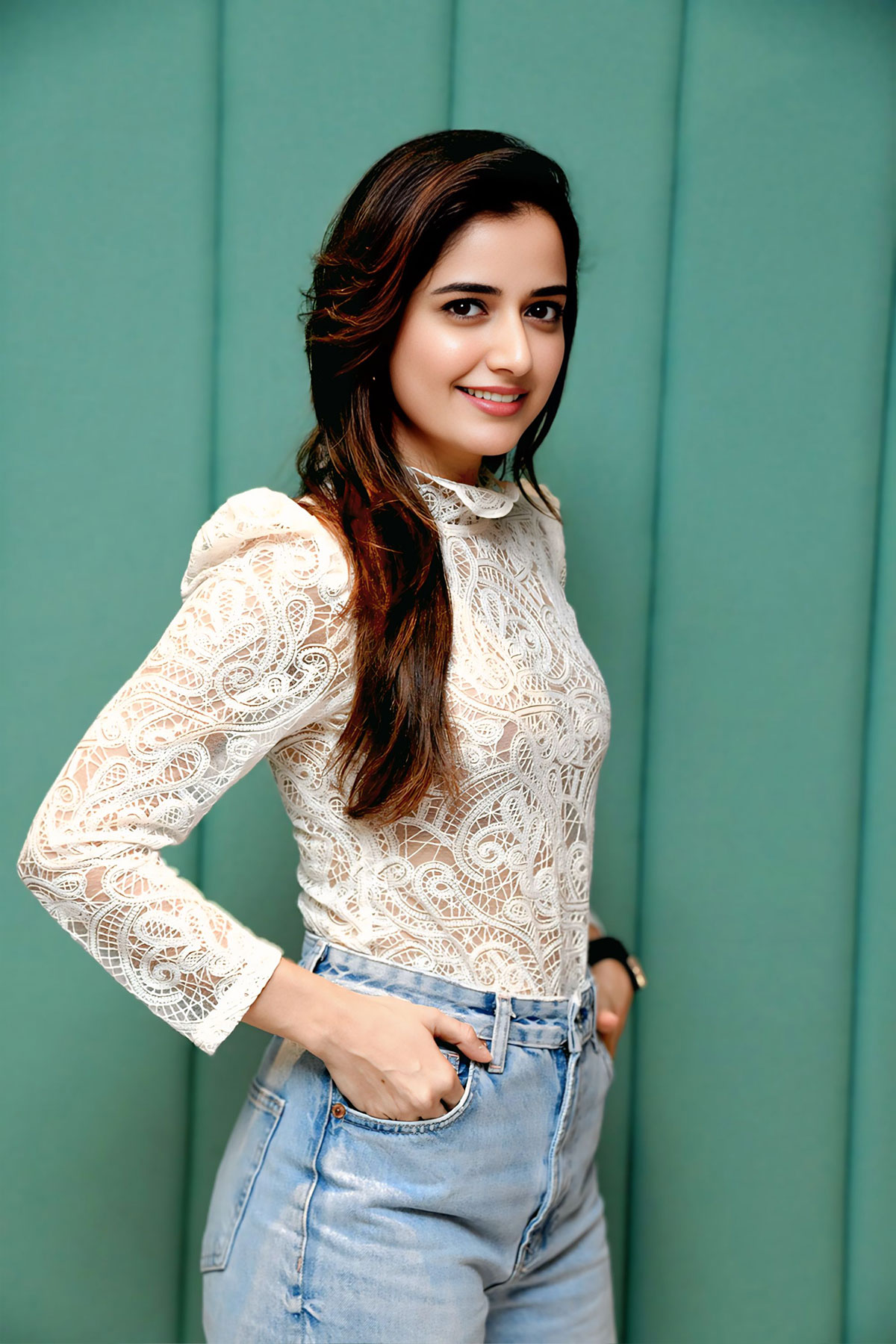 Ashika Ranganath Bold High-Neck Lace Look for Movie Success Party