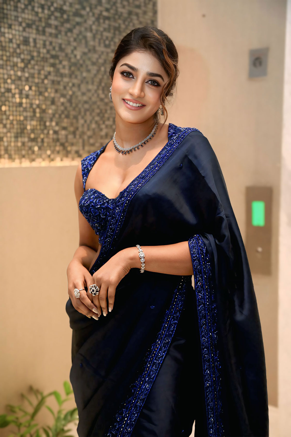 Dimple Hayathi Boldest Ethnic Look: Navy Blue and Plunging Neckline