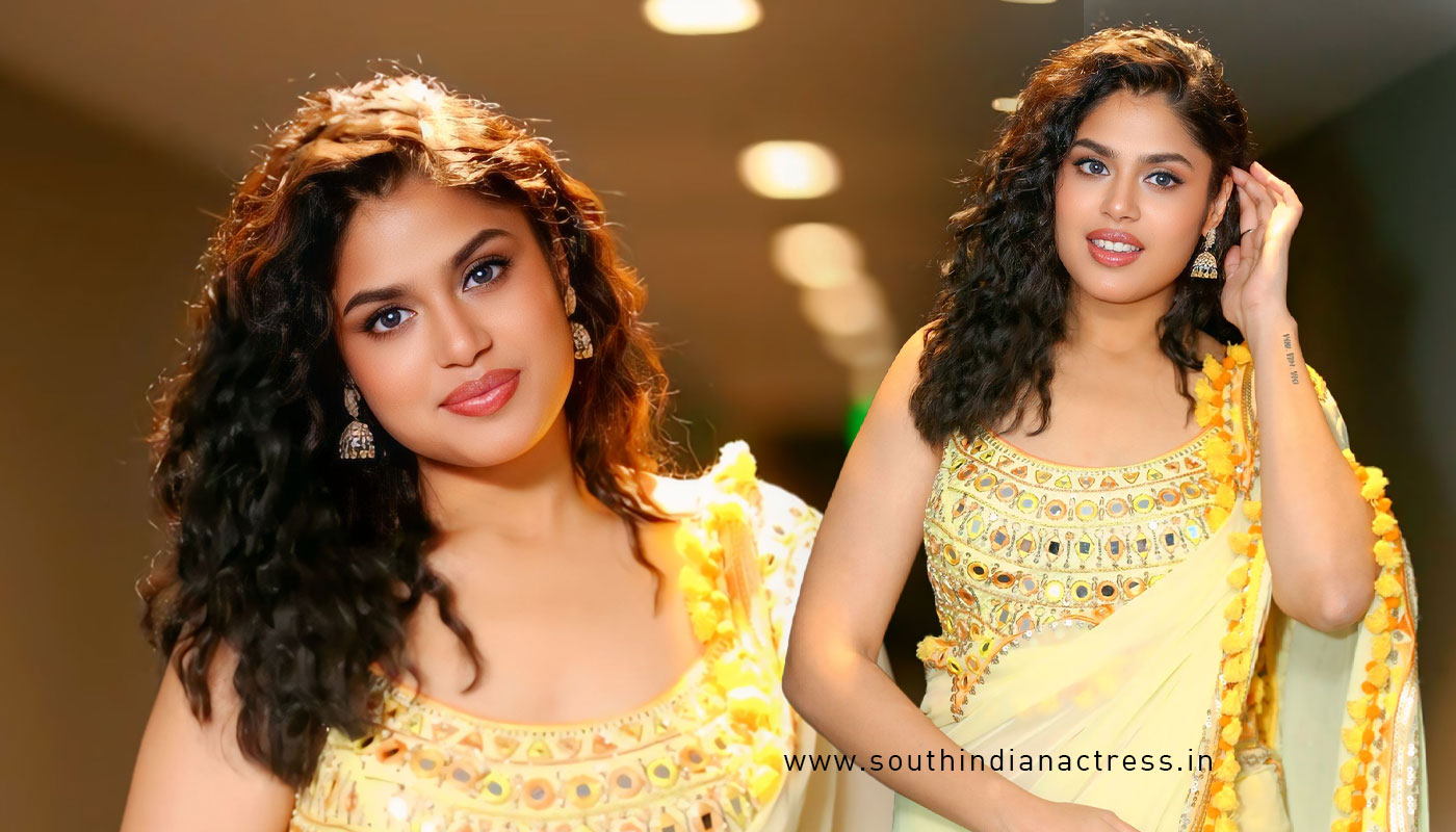 Faria Abdullah in Yellow Saree with Pompoms and Tassels