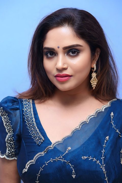 Karunya Chowdary Mesmerizes in Blue Organza at Erracheera Press Meet