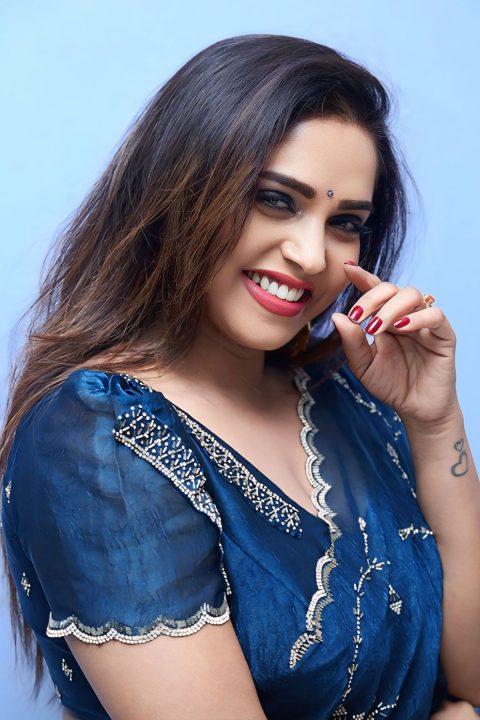 Karunya Chowdary in Breathtaking Soch Blue Saree at Song Launch