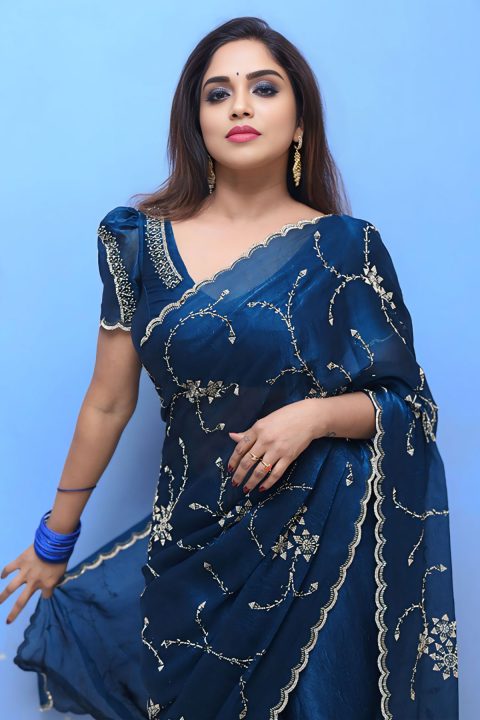 Karunya Chowdary Sets Promotional Trail Ablaze in Blue Organza