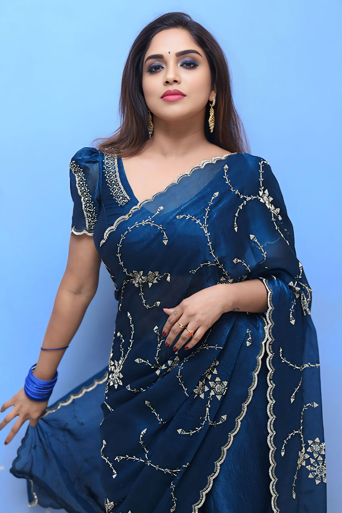 Karunya Chowdary Sets Promotional Trail Ablaze in Blue Organza