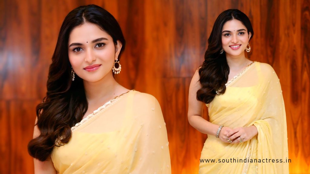Kayadu Lohar in Yellow Saree at the Funky movie Pre-Release Meet