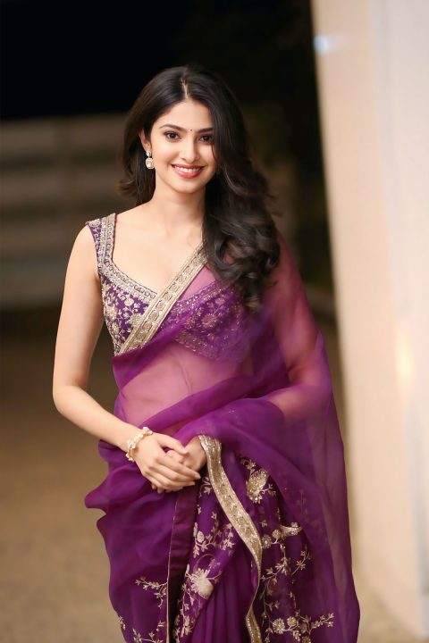 Manasa Varanasi Shines in Floral Embroidered Wine Organza Saree