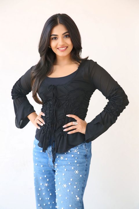 Nayan Sarika Flared Cuff Sheer Top at Vishnu Vinyasam Interview