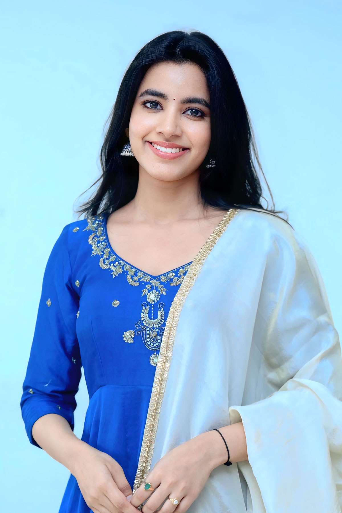 Shivani Nagaram Pairs Blue Anarkali with Scalloped Lace Cream Dupatta