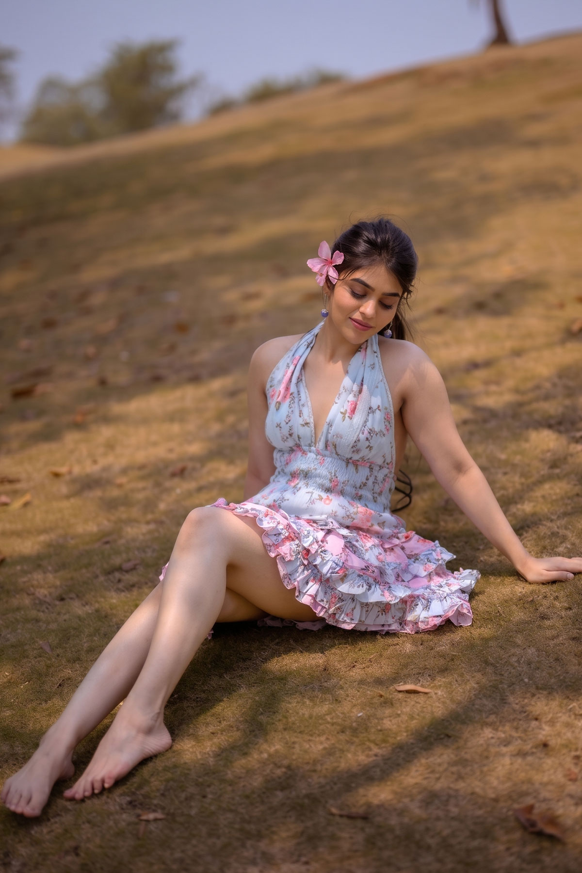Beautiful Bandhavi Sridhar Images in Tiered Ruffle Mini Dress