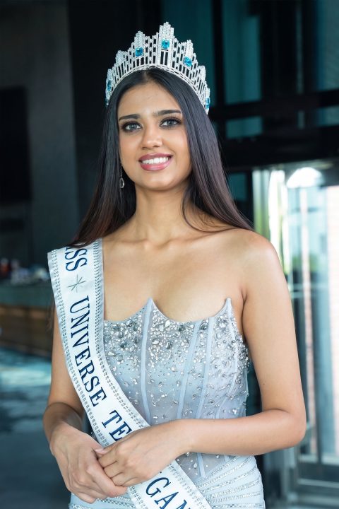 Kashvi Stills in Silver-Blue Gown | Miss Universe Telangana 2025
