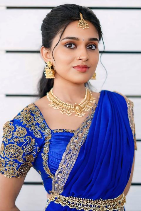 Nidhi Pradeep Latest Photos: Royal Blue Half-Saree Fashion