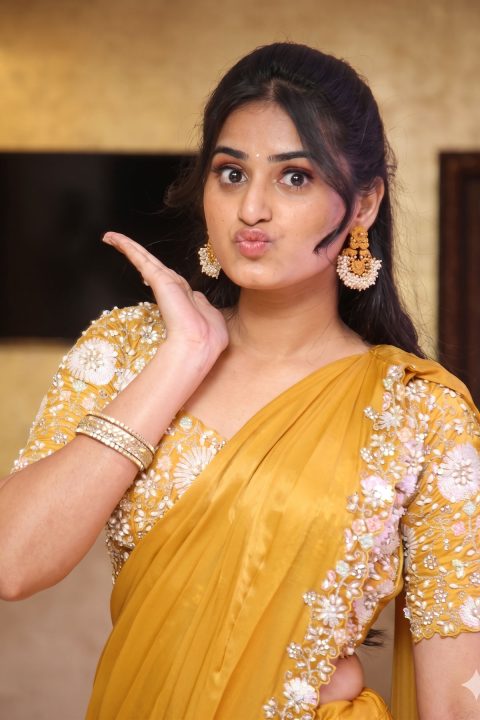 Rayancha Kokkura Stills in Mustard Gold Saree | Purushaha Pre-Release
