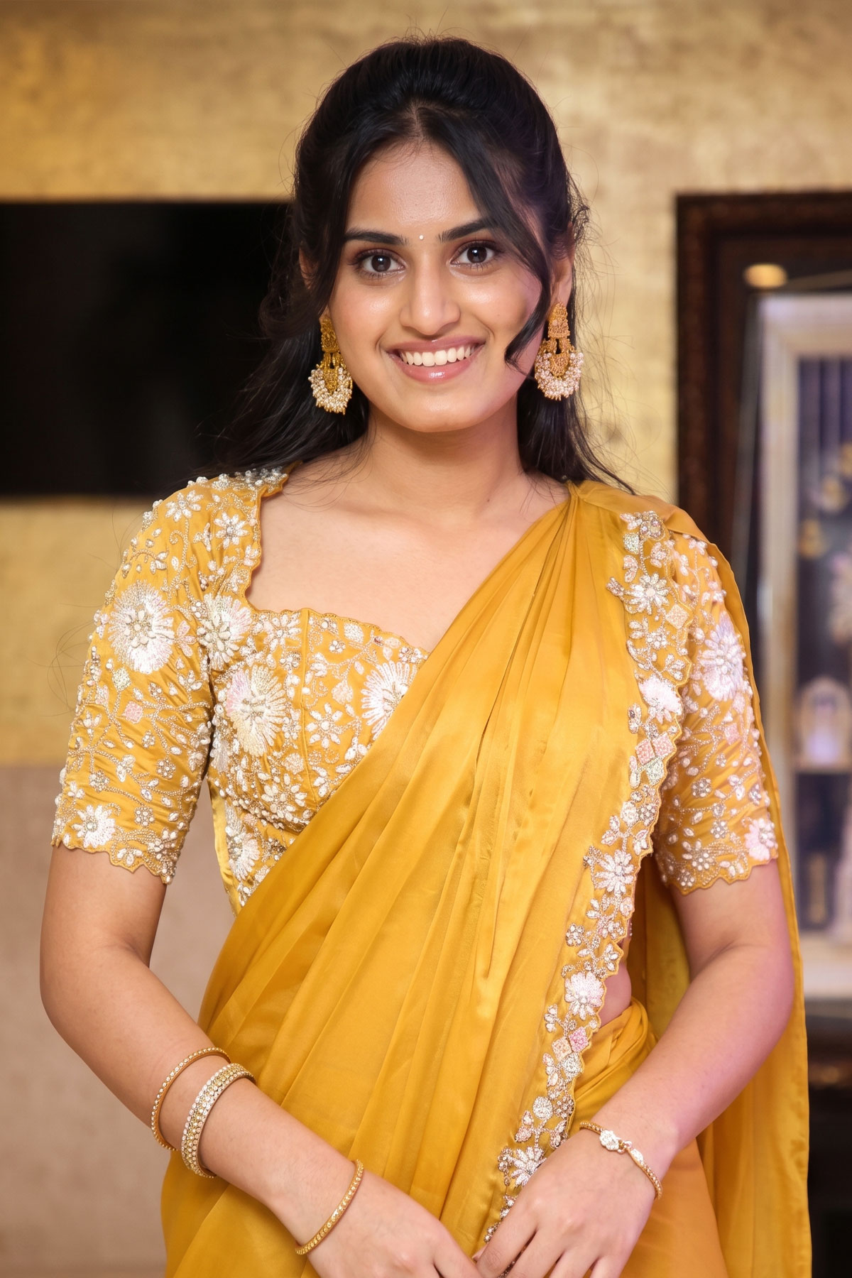 Rayancha Kokkura Dazzles in Gold Silk Saree & Floral Blouse